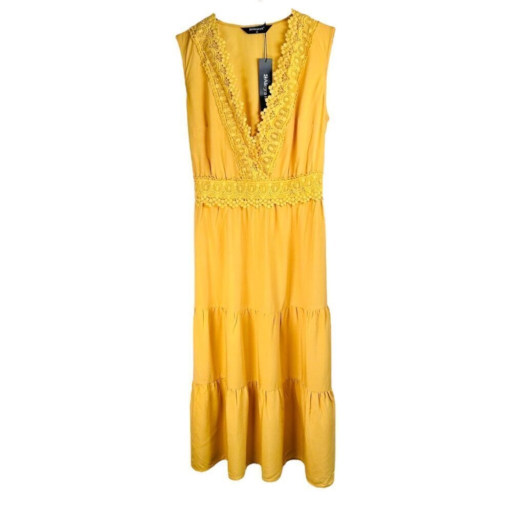 Allegra K XS Yellow Sundress Dress V Neck Crochet Embellished Brunch Party